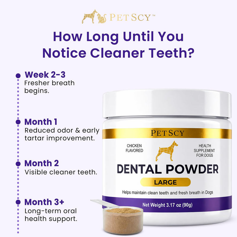 Petscy Dog Dental Powder for Teeth Cleaning & Fresh Breath Support | Helps Reduce Tartar Build Up | Plaque Off No Brush Dog Teeth Cleaning Powder & Breath Freshener | Daily Food Topper (Large Dogs) Large
