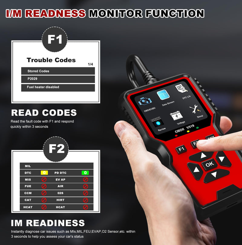 V519 OBD2 Diagnostic Scanner Tool - Vechicle Check Engine Light Code Reader with Battery Voltage Tester, I/M Readiness, Reset, and Code Eraser for All OBDII Car Since 1996 Red - BeesActive Australia