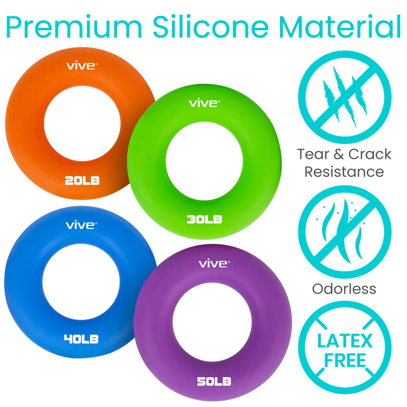 Vive Hand Strengthener Grip Ring - Forearm Ring Hand Exercisers - Silicone Squeezer Gripper for Muscle Strengthening Training Tool - Arthritis Finger Physical Therapy PT Kit Trainer Multicolor (4 Pack)