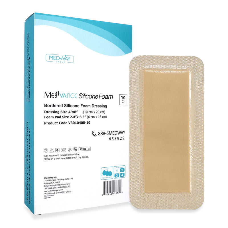 MedVance Bordered Adhesive Silicone Foam Dressing Pack of 10 - Waterproof Silicone Pad - Easy Apply & Remove Sterile Bandages - Wound Care & Dressings for Burns & More (4"x8" Bandage, 2.4"x 6.4" Pad) 4"x8" 10 Pack - BeesActive Australia