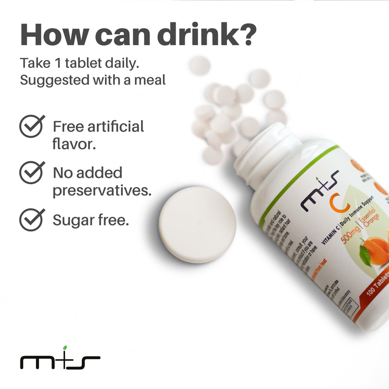 M+S Vitamin C 500mg Tablets, Immune Support, Sugar Free, Orange Flavor | Helps protect cells from oxidative stress and promotes collagen formation for healthy skin, hair, nails and joints. Non-GMO.