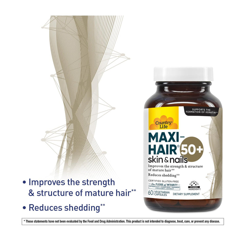 Country Life Maxi-Hair 50+ Hair, Skin & Nails, 60 Vegetarian Capsules | Supports keratin formation and mature hair strength with biotin, Cynatine HNS, zinc and L-cysteine; gluten-free