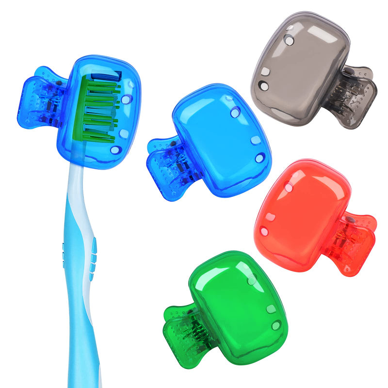 4 Pack Travel Toothbrush Head Covers Toothbrush Protector Cap Brush Pod Case Protective Portable Plastic Clip for Household Travel, Camping, Bathroom, School, Business Blue, Green, Grey, Red - BeesActive Australia