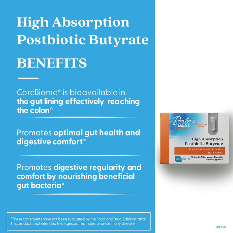 Doctor's Best High Absorption Postbiotic Butyrate Gut Health Supplement - Tributyrin 90% (as CoreBiome) 300 mg, Digestive Health Support for Men & Women, Vegan, Gluten Free - 30 Liquid Veggie Caps