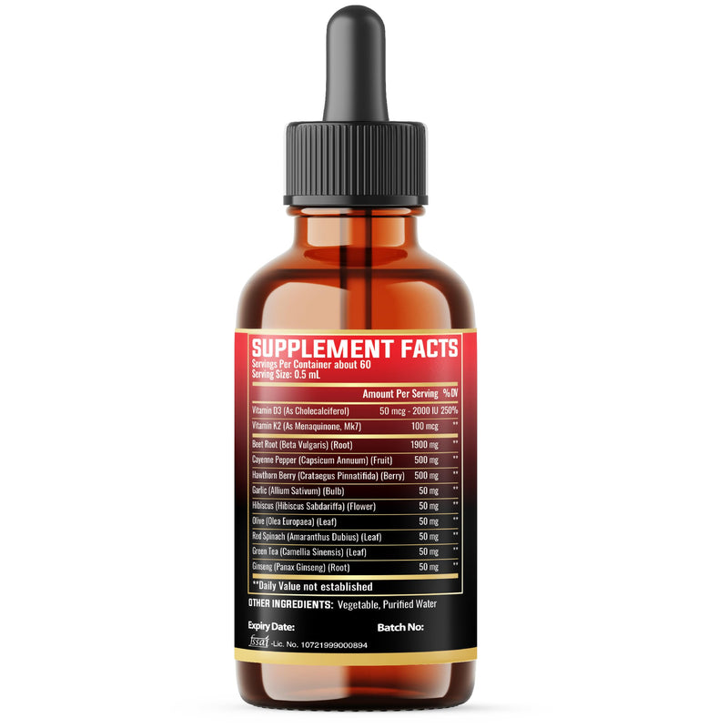11in1 Beet Root Liquid Drops with Vitamin D3, Vitamin K2, Hawthorn Berry, Cayenne Pepper, Garlic, Hibiscus, Olive, Red Spinach, Green Tea, Ginseng - Digestion Support - 1 Fl Oz - 60 Day Supply