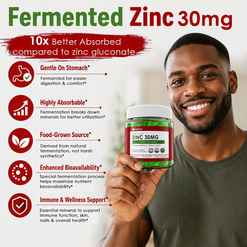 Fermented Zinc Gummies 30mg + Copper, Selenium, Vitamin C & D3, Sugar Free | Zinc Supplements for Women & Men - High Potency & Superior Absorption, Daily Immune Gummies & Whole-Food Blend, Vegan, 2 Pack 60 Count (Pack of 2)