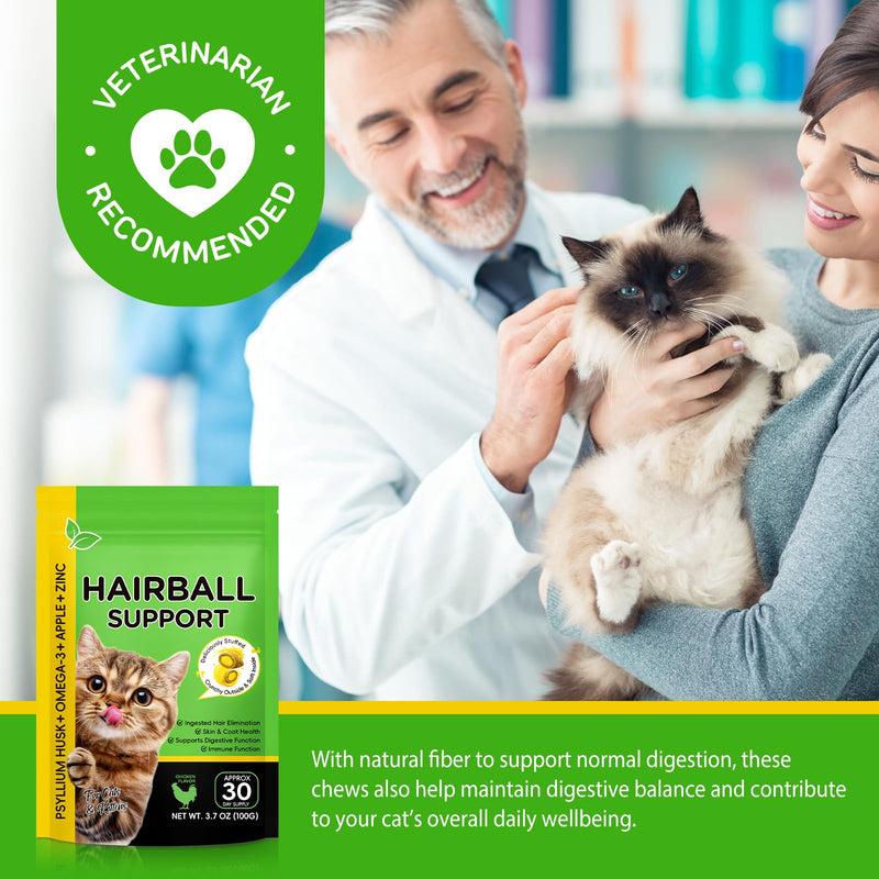 Hairball Cat Treats, Hairball Treatment with Psyllium Husk & Omega 3 for Cats, Digestive Health & Skin and Coat Support, Natural Soft Chews, Chicken Flavor for Picky Eaters, for Indoor Cats, Kittens &