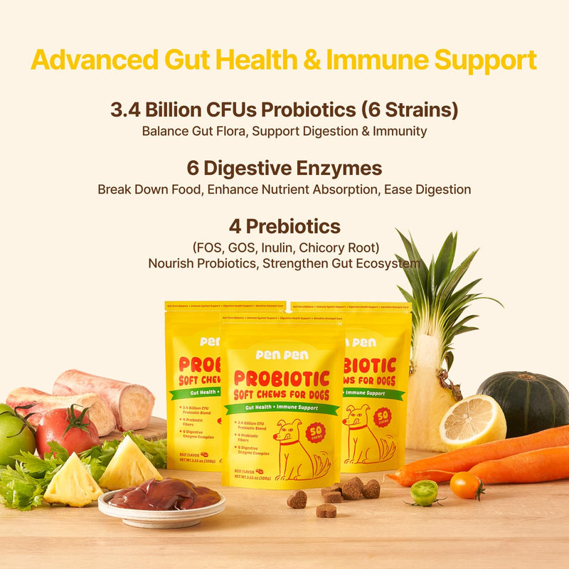 PENPEN Probiotics for Dogs, Dogs Probiotics for Digestive Health, Multi-Probiotic and Enzyme Blend Promote Gut Health & Immune Support, Eases Sensitive Stomachs (Beef Chews, 50ct) 50 Chews