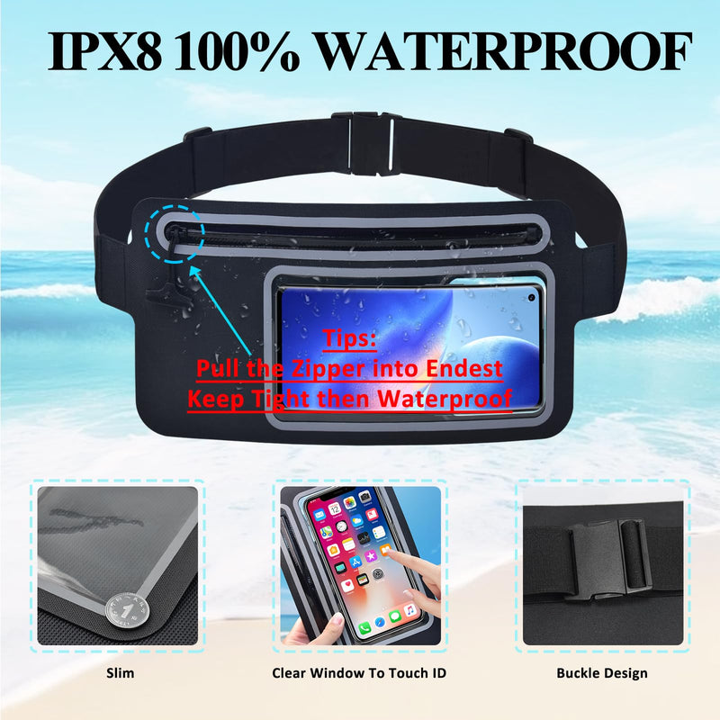 Black Fanny Pack for Women Waterproof Dry Bag for Paddle Boarding Men Kayak Snorkeling Swimming Boat Float Beach Travel,Water Proof Waist Bag Fit Phone iPhone Pro Max Running Belt Pouch Bags 02-100% Waterproof With Clear Window
