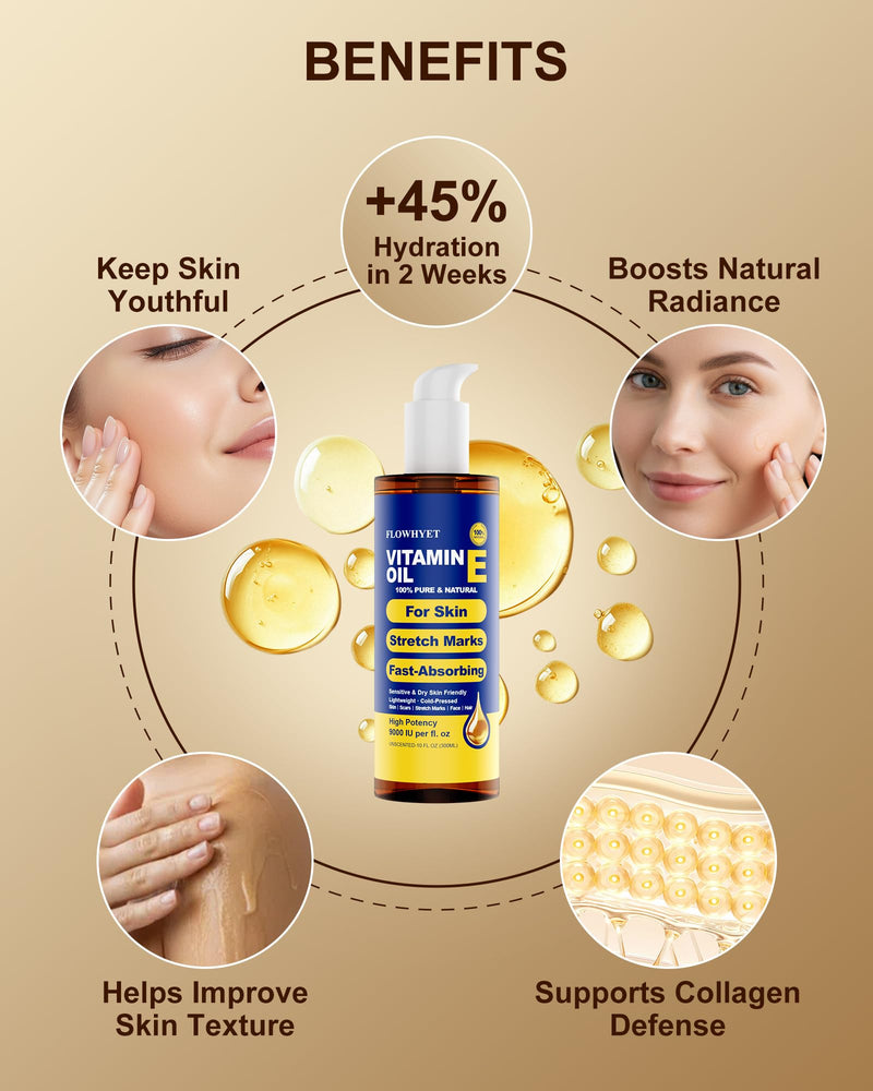 16 fl oz Pure Vitamin E Oil for Skin, Organic Vitamin E Oil for Scar, Stretch Marks, Face and Hair, Lightweight Bath and Body Oil Moisturizing Hexane Free Non-GMO Cold Pressed-500ml 16 Fl Oz (Pack of 1)