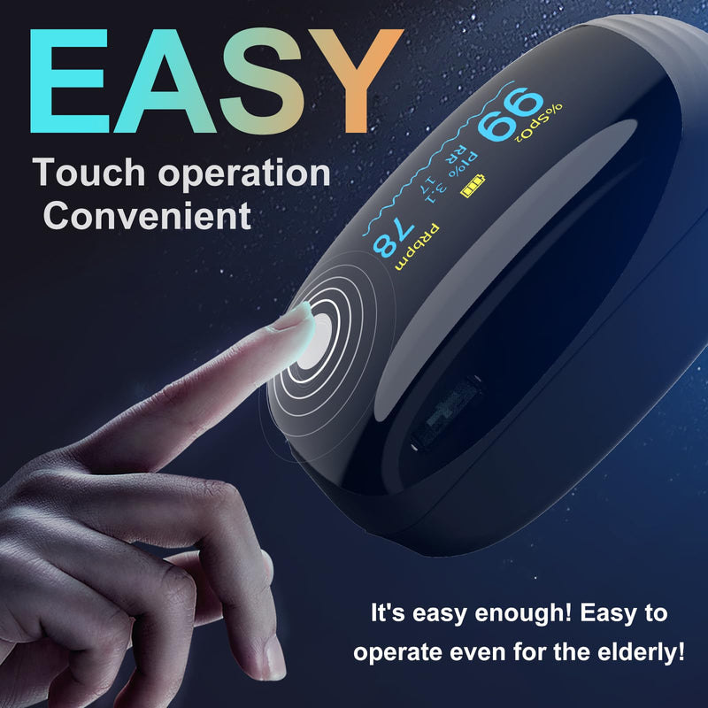 Fingertip Pulse Oximeter with Respiration Rate & Respiratory Monitoring SpO2, Heart Rate, PI & RR Measurements, Blood oximeter Rechargeable 6 Display Modes & 4-Way Rotatable Screen for Home & Sports UseÔºàBlackÔºâ