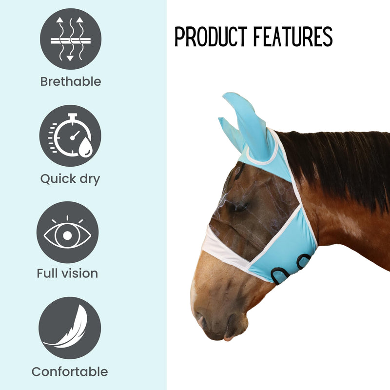 Horse Fly Mask with Ears | UV & Fly Protection | Breathable and Stretchy Lycra Fly Masks for Horses with Double Velcro Closure Black Medium - BeesActive Australia