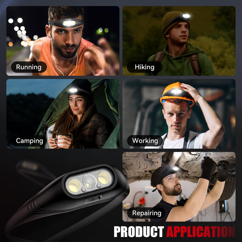 Rechargeable Super Bright Headlamp 2PCS Whole Silicone Head Lamp, Motion Sensor LED Headlamp with Memory Function, 10 Modes Headlamps for Adults, Running, Camping, Hiking, Working.