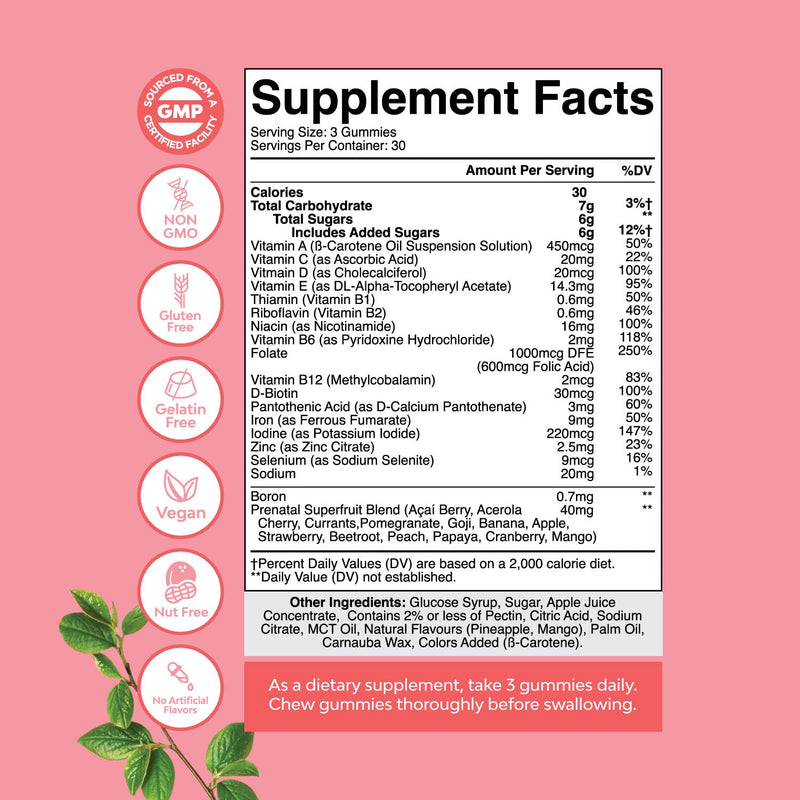 Natures Craft Vegan Prenatal Gummies for Women - Gummy Prenatal Vitamins for Women with Iron Folic Acid and Superfruit Blend - Chewable Vitamins Gummy Formula (Pineapple Mango) - 90 Count 90 Count (Pack of 1)