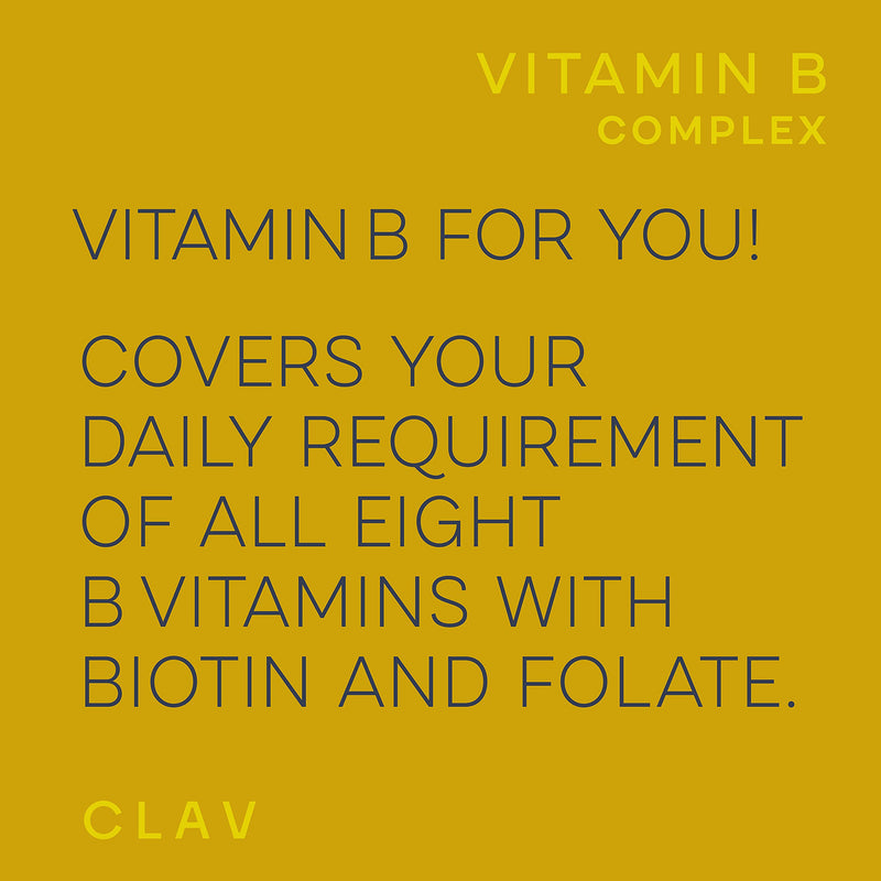 CLAV® Vitamin B Complex, All 8 B Vitamins, High Strength, 120 Capsules | For Energy, Nervous System & Reduced Tiredness, with B1, B2, B3, B5, B6, B12, Myo-Inositol & Choline, in Amber Glass, Vegan