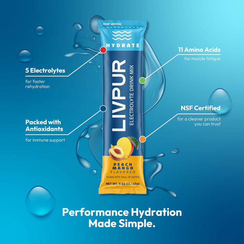 LivPur Electrolyte Drink Mix, Instant Hydration Powder with Vitamin C, B6, B12 & Essential Amino Acids for Muscle Support & Immune Health, Sports Essentials, Peach Mango Flavor, 15 Stick Packs - BeesActive Australia