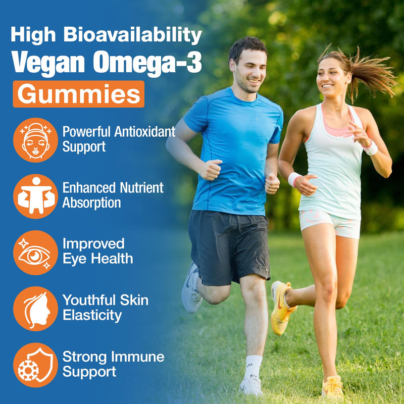 Omega-3 Gummies for Adults, Orange Flavor – Sugar-Free, Algae-Derived DHA 600mg & EPA 300mg, with Vitamins A, C, E, Zinc, 60 Gummies
