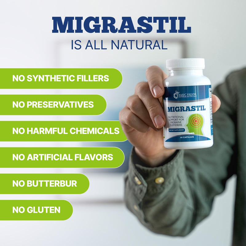 Basic Vigor Migrastil Migraine Support Capsules. Feverfew, Magnesium, Taurine & Vitamin B1 for Migraines Natural Supplement. Made in the USA. Vegan and Gluten Free.