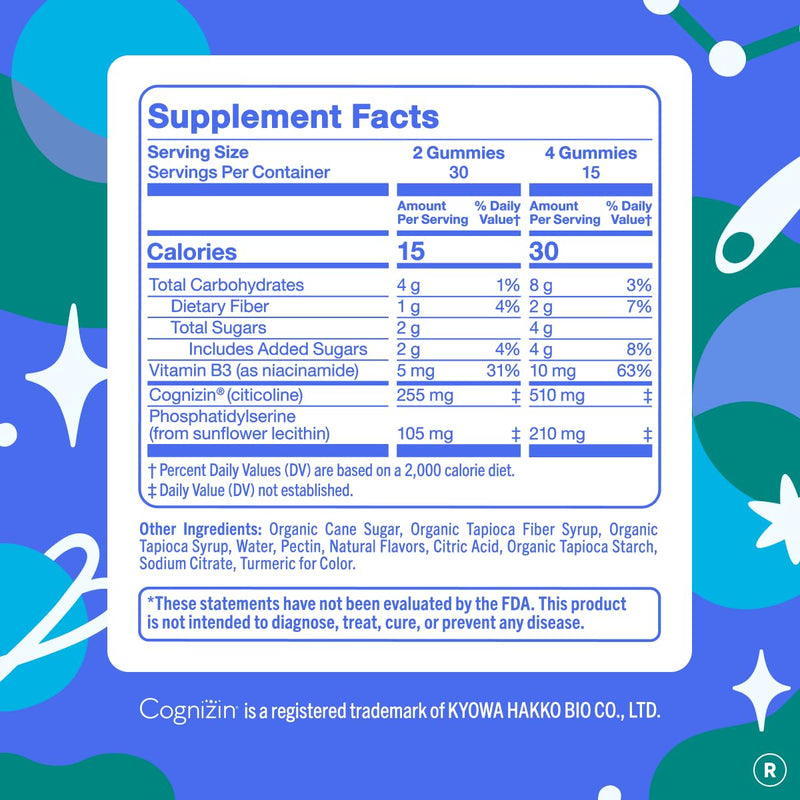 Teen Focus Gummies with Cognizin Citicoline, PS & Vitamin B3 for Ages 13-18 | Brain gummies for teens with Cognizin® citicoline and phosphatidylserine; caffeine-free choline gummies for focus and memory