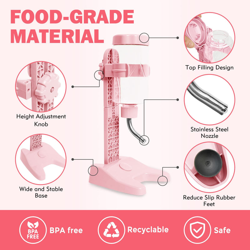 Pet Standing Water Dispenser Top Fill Dog Water Bottle Dispenser with Stand Leakproof Pet Slow Water Bottle for Small Animals, 13oz, BPA Free, Adjustable Height, Pink - BeesActive Australia