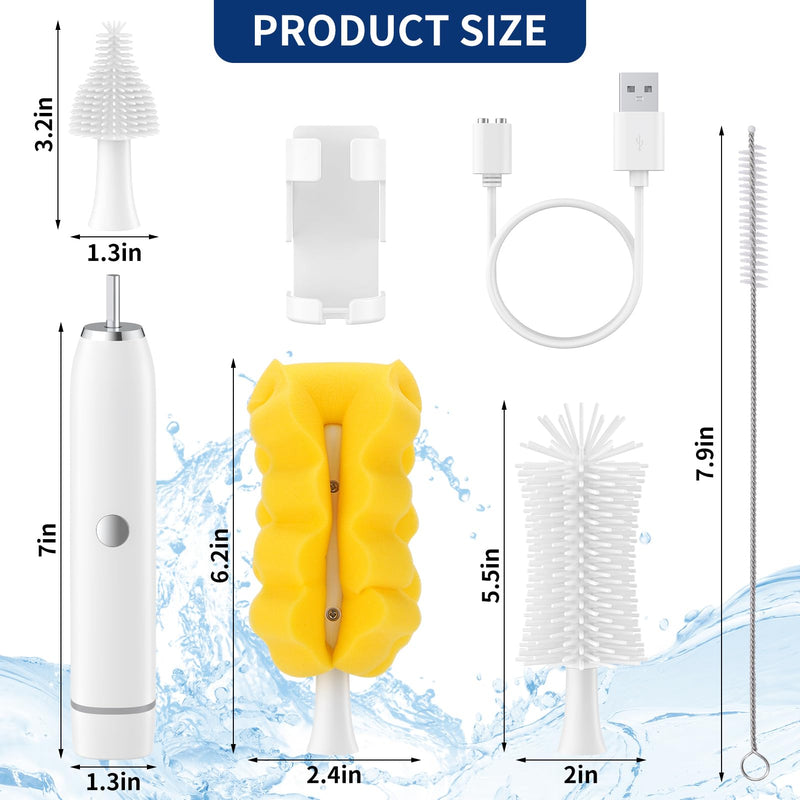 Electric Baby Bottle Brush Set with Rechargeable Electric Bottle Brush Cleaner and Silicone Bottle Brushes and Straw Brush Cleaner,Waterproof Travel Bottle Brush,Magnetic Suction Charging 1800mAh White - BeesActive Australia