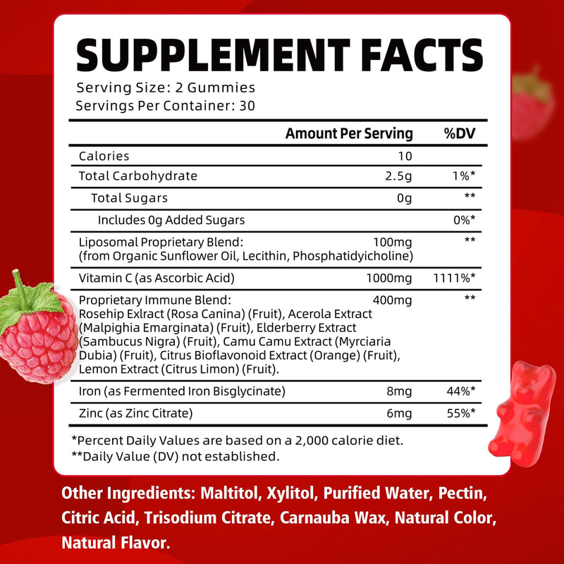 Liposomal Vitamin C 1000mg Gummies for Adults, Vitamin C Chewable with Iron, Zinc & Elderberry for Immune Support & Energy, Sugar Free, Raspberry Flavor, 60 Count 60 Count (Pack of 1)