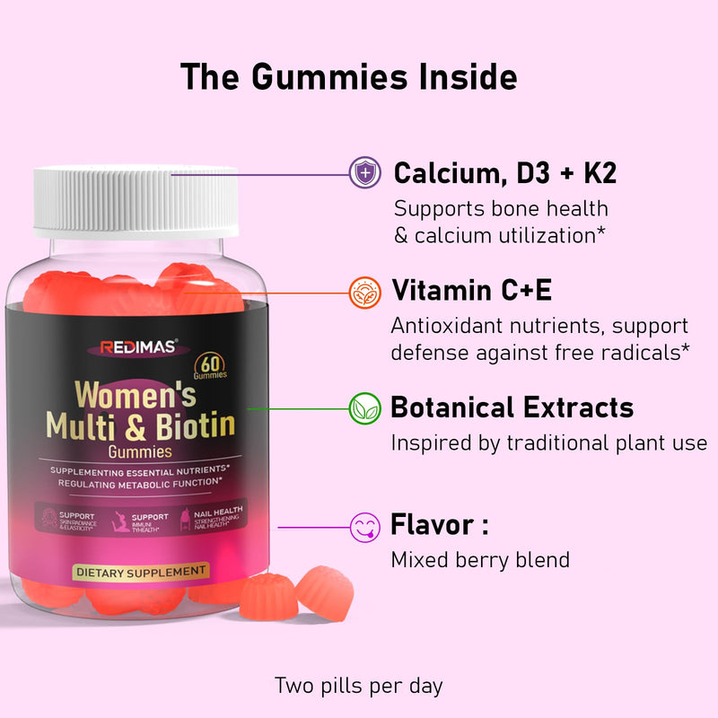 Multivitamin Gummies for Women, Mix Berry Flavor Gummy, 60 Count | Vitamin Blend with Vitamins A, B, C, D, E, K2 and Biotin, Daily Energy Support, Chewable Format for Nutrition Routine