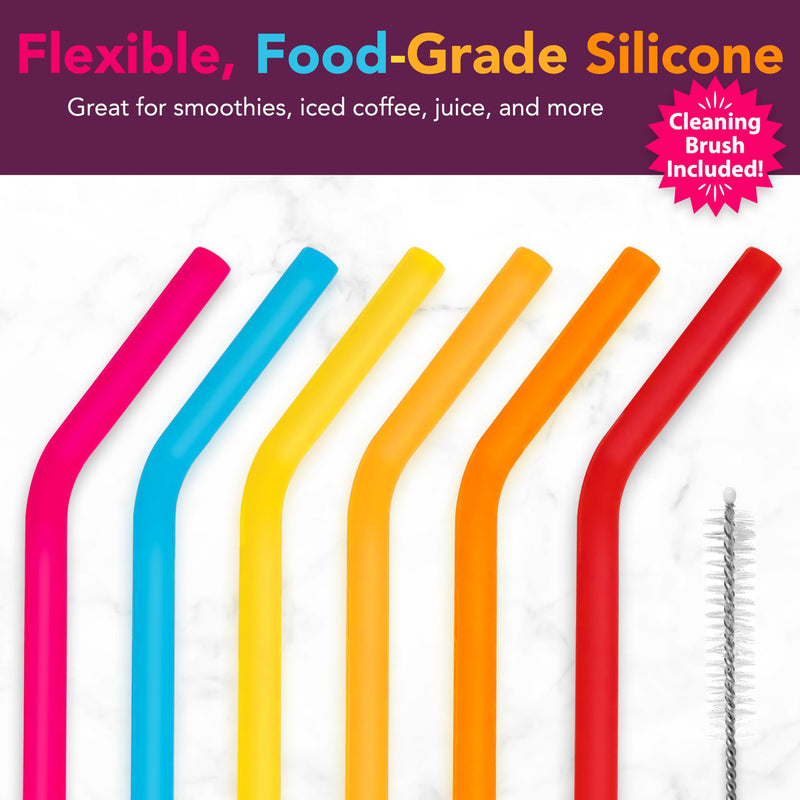 Joie Silicone Straws with Cleaning Brush, Set of 6, Rainbow Color Assortment