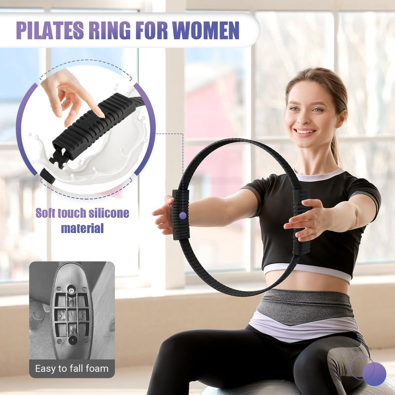 Pilates Ring, 13.5"/12" Silicone Magic Circle with Training Poster & Portable Bag, Pilates Ring Circle for Inner Thigh Workout, Yoga, Lose Weight & Physical Therapy for Women 13.5" Black