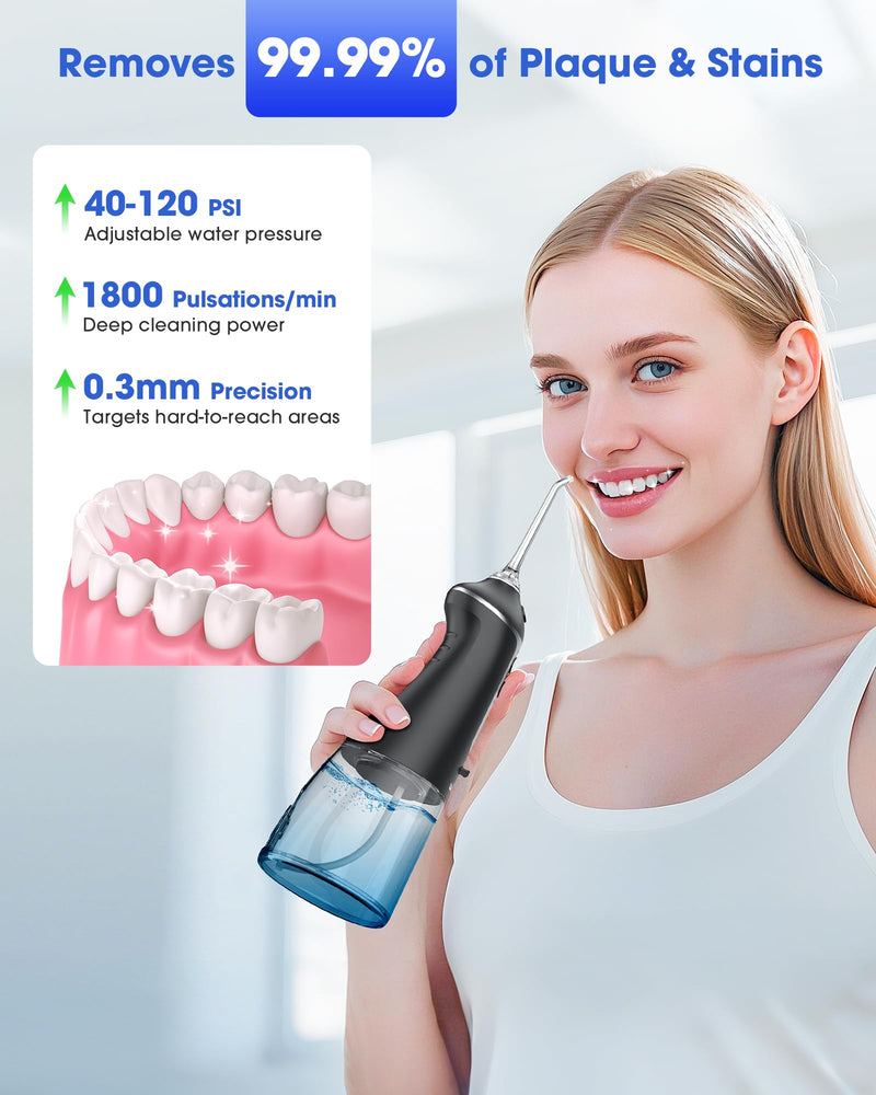 Water Dental Flosser, Portable Oral Irrigator with 300ML Water Tank, IPX7 Waterproof, Rechargeable, 4 Modes for Deep Teeth Cleaning, Travel-Friendly (Black) Black - BeesActive Australia