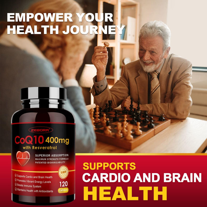 ZEBORA CoQ10-400mg with Trans-Resveratrol, PQQ & Vitamin E - High Absorption Coenzyme-Q10 with BioPerine - Powerful Antioxidant for Heart & Energy-Production,120 Veggie Capsules (Pack of 2) 120 Count (Pack of 2)