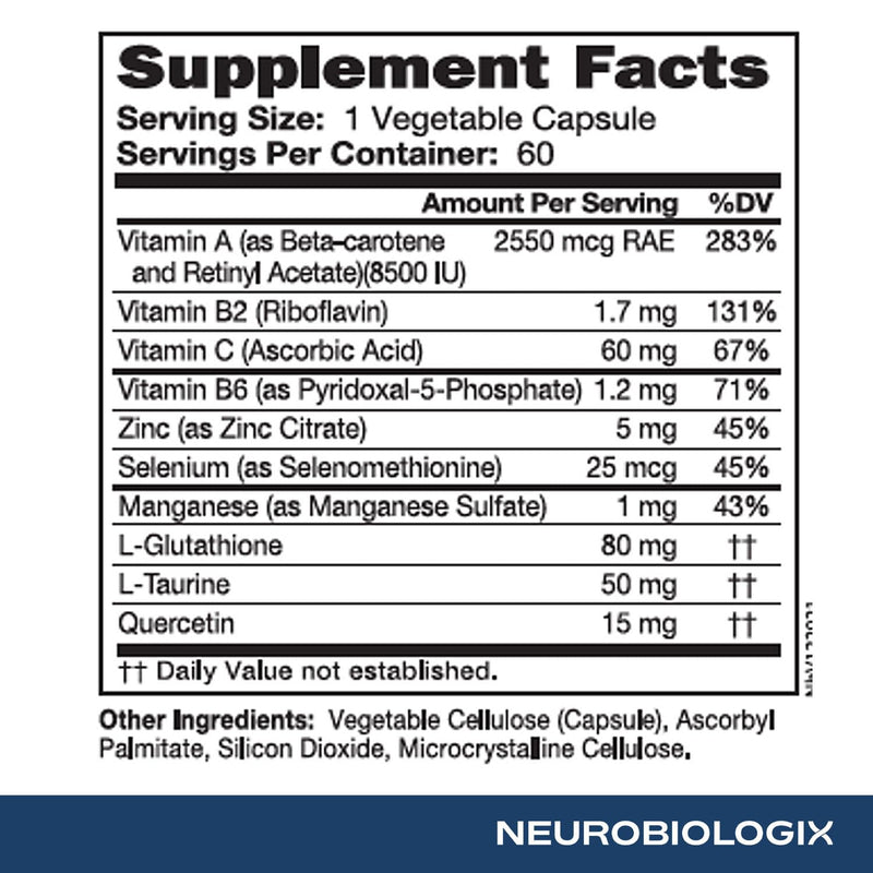 Neurobiologix Glutathione Ultra, Antioxidant Complex, 60 Capsules | Vitamin C, A, B2, B6, Zinc, Selenium & Manganese, Taurine & Quercetin, Gluten-Free