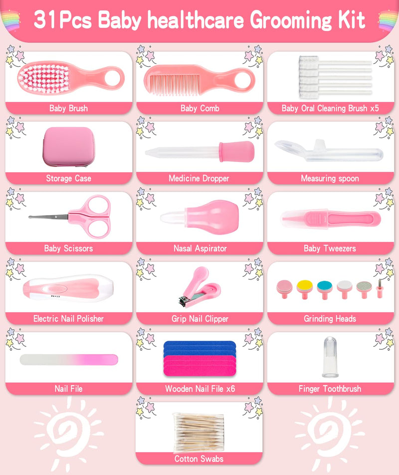 Baby Grooming and Healthcare Kit, Portable Baby Safety Care Set with Hair Brush Comb Nail Clipper Nasal Aspirator for Nursery Newborn Infant Girl Boy (31 in 1, Pink) Pink-31 in 1 - BeesActive Australia