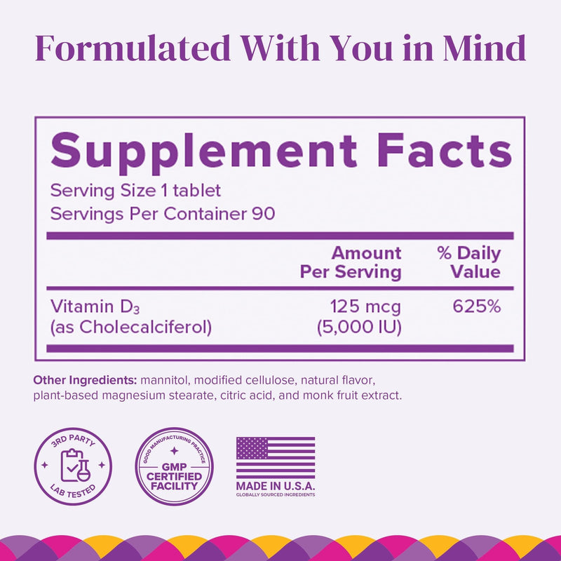 BariMelts Vitamin D3 5000 IU, 90 Fast-Dissolving Tablets (3-Month Supply), Bariatric Vitamins for Women, Natural Apple Flavor 90 Count (Pack of 1)