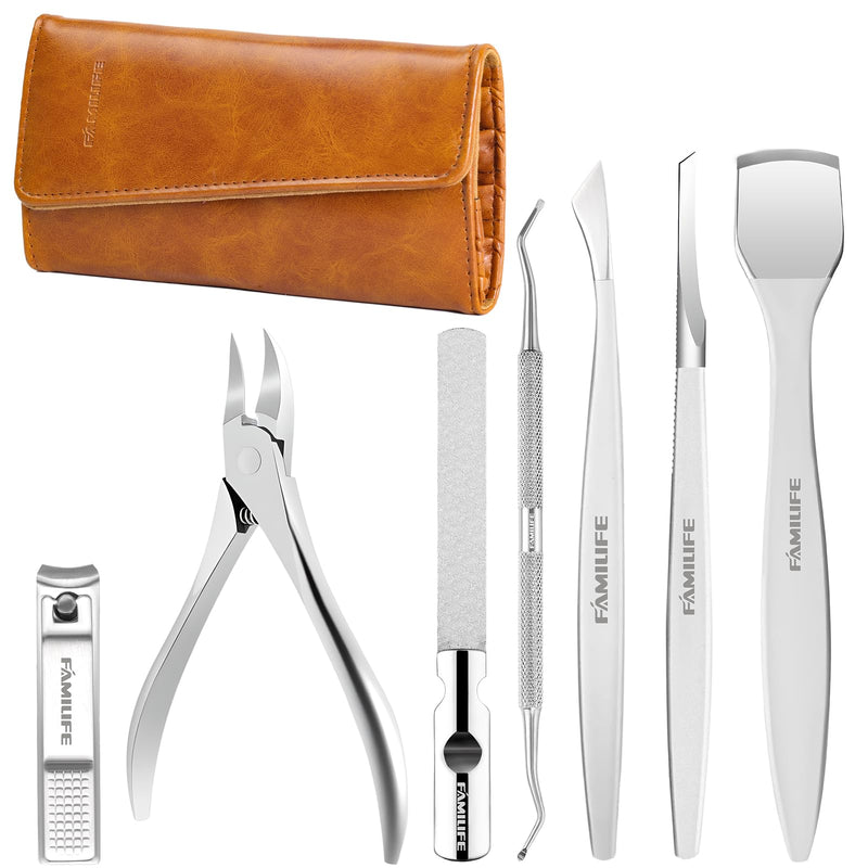 Famlife 7-Piece Professional Pedicure Kit with Toenail Scissors Cuticle Trimmer Nail File Pedicure Knife Blade,Stainless Steel Tools Ingrown Toenail Removal Kit for Nail Care Brown