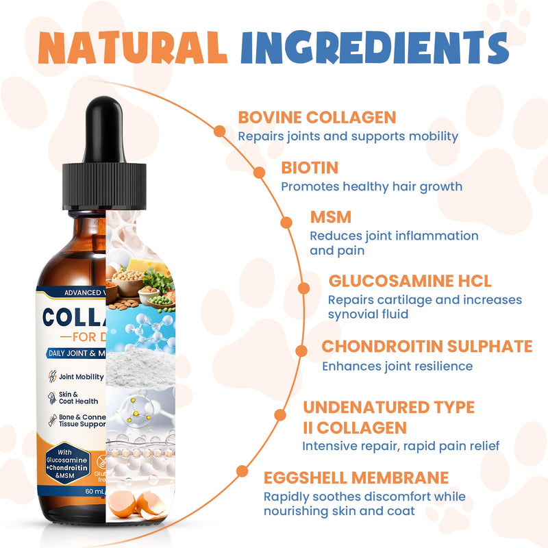 Collagen for Dogs,4.22oz (120ml) Liquid Collagen for Dogs,Enhances Joint Support,Flexibility,Cartilage and Mobility,Relieves Itching in Allergic,Liquid Drops Suitable for Cats and No Side Effects 2 Pack