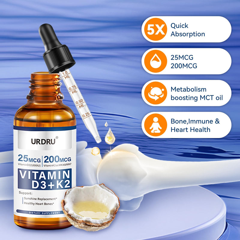 (2 Pack) Vitamin D3 K2 Liquid Drops - 2 Fl Oz Max Absorption 1,000 IU D3 & 200mcg K2 Drops for Immune & Mood, Bone & Teeth Health - 60ml