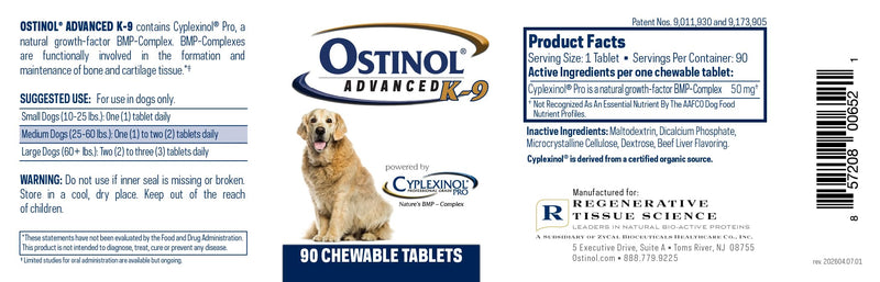 ZyCal Ostinol Advanced K-9 Joint Supplement for Dogs – Bioactive Protein Complex with Cyplexinol® Pro 50mg | Bone & Joint Dog Supplement | 90 Chewable Bone-Shaped Tablets