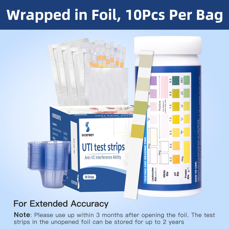 4-in-1 UTI Test Strips, 50ct Full Panel Urinary Tract Infection Test Kit at Home for Women Men Kids, Urinalysis Leukocytes, Nitrites, PH, Protein Urine Strip for UTI and Bladder, 50 Strips 50 Cups 1 Count (Pack of 50) Blue-4in1