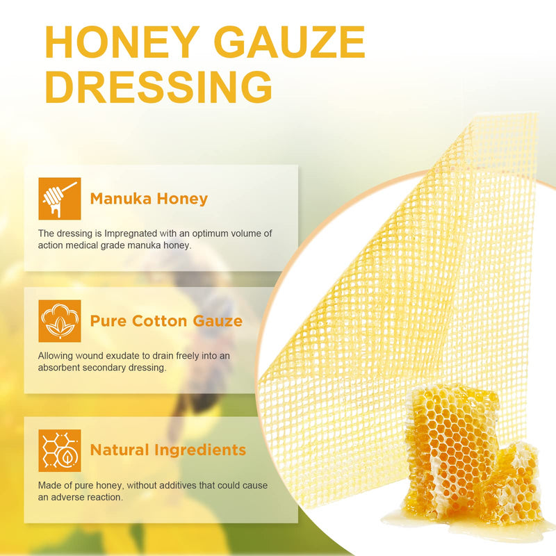 Ceeport Manuka Honey Gauze Wound Dressing, 4" x 4", 10 Individual Pack Honey Gauze 4'' x 4'' - 10 Pack