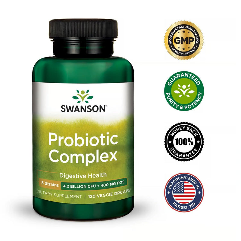 Swanson Probiotic Complex 4.2 Billion CFU, 120 Veg DRcaps, 2 Pack | 5-Strain Probiotic Complex with Prebiotic FOS to Support Digestive Health, Fat Metabolism, Satiety and Nutrient Absorption 120 Veggie DRcaps (2 Pack)