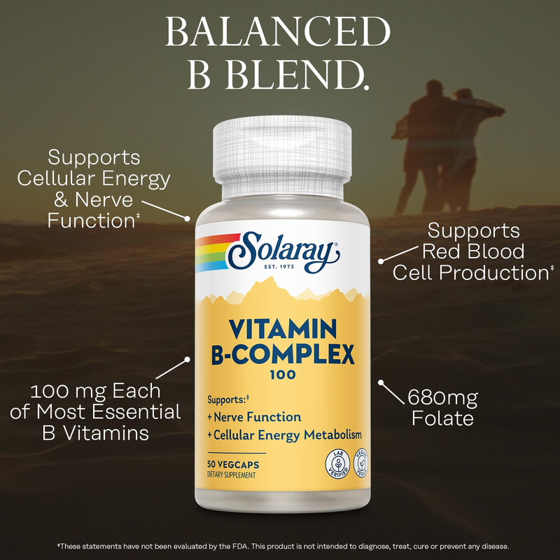 SOLARAY Vitamin B Complex 100mg - Cellular Energy, Nerve and Heart Health Support - Supplies All 8 B Complex Vitamins - Vitamin B12, B1, B2, B3, B6, Niacin, Folic Acid and Biotin - Vegan, 50 Servings | Complete B Complex Vitamins for Women & Men with F...