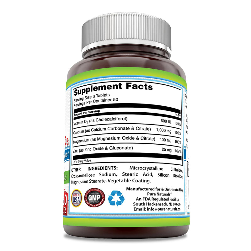 Pure Naturals Calcium Magnesium Zinc Vitamin D3 Supplement | Calcium 1000mg, Magnesium 400mg, Zinc 25mg, Vitamin D3 600 IU | Non-GMO | Gluten Free (150 Tablets) 150 Tablets