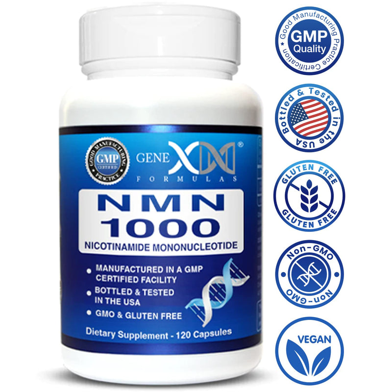 Genex Formulas NMN 1000mg Dose Stabilized Form 99% Pure Supplement 120 Caps | NMN Supplement for Cellular Energy, Increased NAD Levels, DNA Repair, and Healthy Aging, GMP Certified, 30 Day Supply 120 Count (Pack of 1)