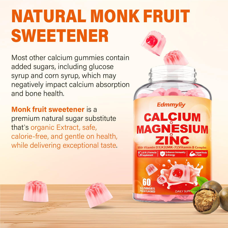 Calcium Magnesium Zinc Supplement Gummies with Vitamin D3 K2 & B Complex for Women Men 1000mg Calcium Citrate with Magnesium Gummies for Bone, Muscles & Immune Support, Sugar Free, Vegan Peach 60 Count (Pack of 2)