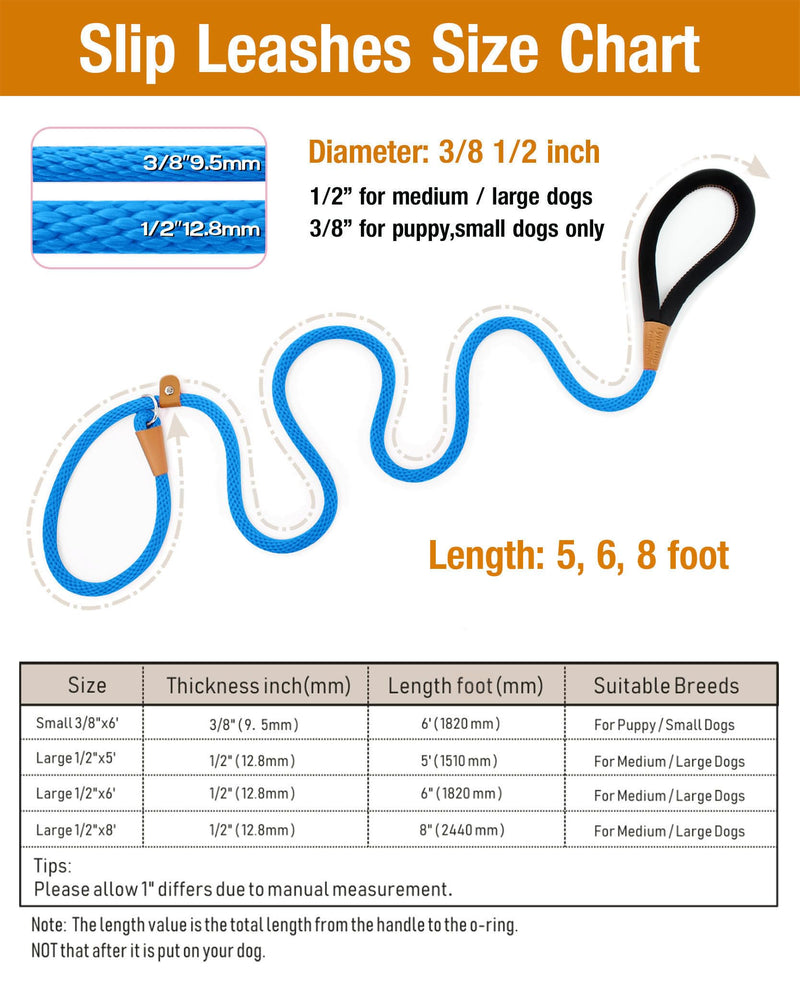 lynxking Dog Leash Slip Lead 5 6 8 FT Dog Training Leash Strong Heavy Duty Braided No Pull Training Lead Leashes for Small Medium Large Dogs Blue Slip Lead-Large 1/2in x 5ft - BeesActive Australia