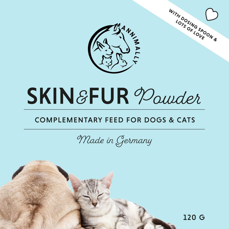 Annimally Skin & Coat Powder for Dogs & Cats 120 g - Daily Nutritional Supplement for Coat, Skin & Claws, with Brewer’s Yeast, Spirulina, Biotin, Zinc & Calcium, Made in Germany