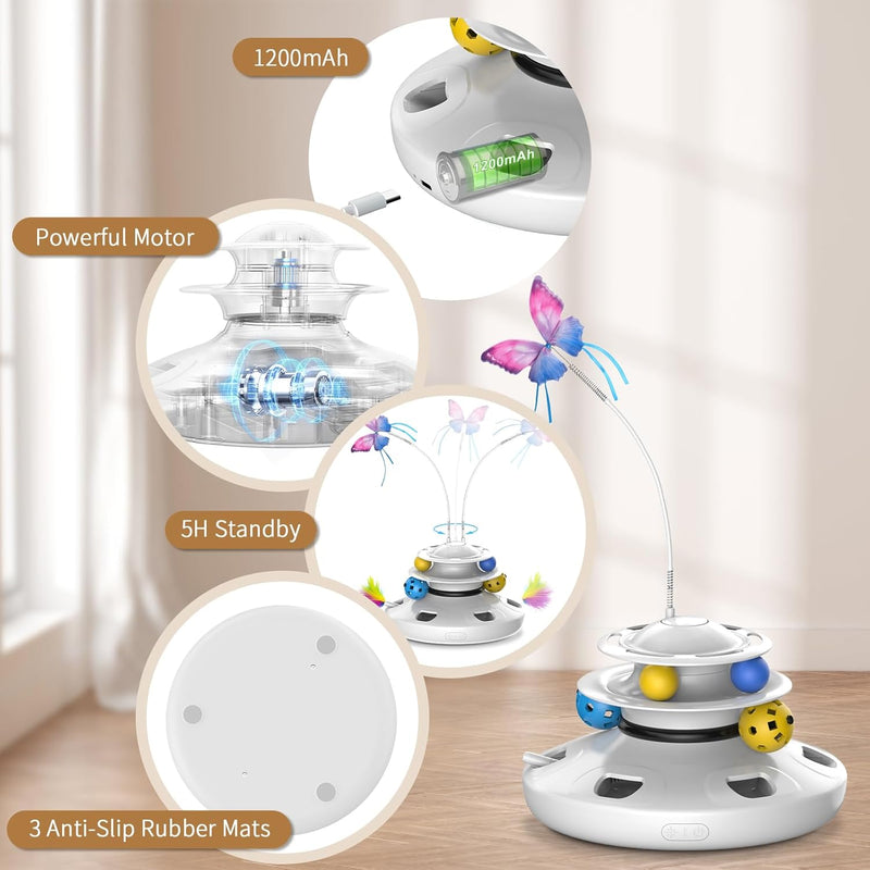Cat Toys - 4in1 Rechargeable Automatic Cat Toy Interactive Kitten Toy Whack a Mole Fluttering Butterfly Ambush Feather Track Balls Toys Rechargeable Feather Toys Indoor Exercise Kicker White - BeesActive Australia