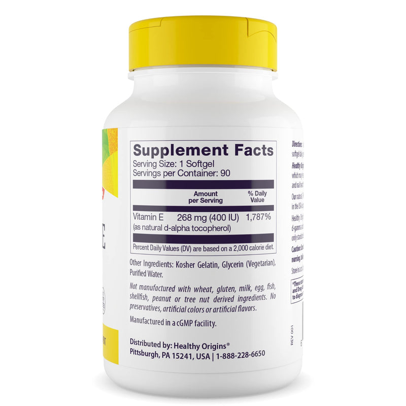 Healthy Origins Vitamin E 400 IU, Natural Mixed Tocopherols, 90 Softgels 90 Count (Pack of 1)