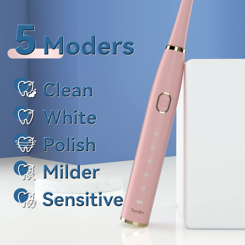 7AM2M Sonic Electric Toothbrush for Adults and Kids- High Power Rechargeable Toothbrushes with 8 Brush Heads,5 Adjustable Modes, Built-in 2-Minute Smart Timer,4 Hours Fast Charge for 30 Days(Pink) Pale Pink - BeesActive Australia